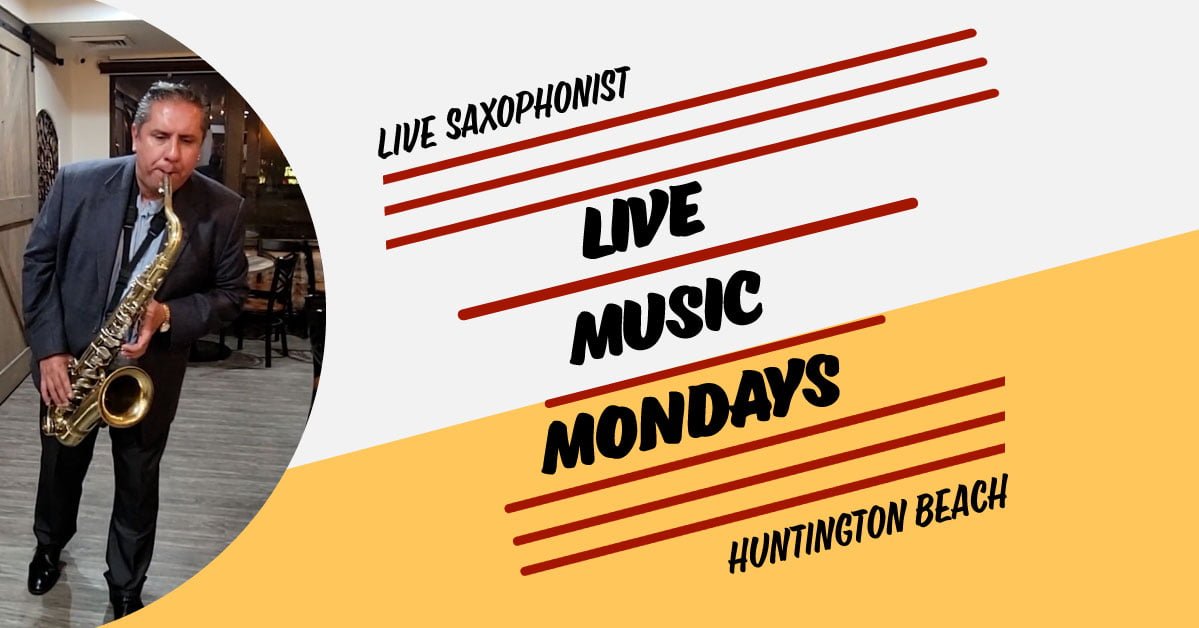 Live saxophone promo graphic for Morena's Huntington Beach